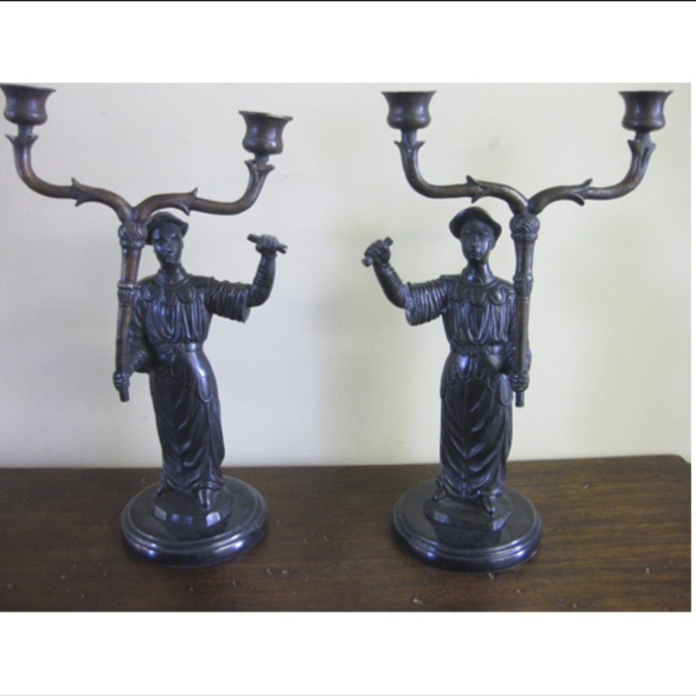 STUNNING PAIR OF 14" VINTAGE BRONZE MAN RAISING TORCH DOUBLE CANDLE STICK HOLDER
